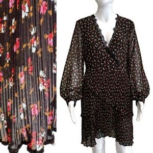 Topshop Floral Pleated Wrap Dress Size 8 Bishop Long Sleeve Tiered Ruffle Hem